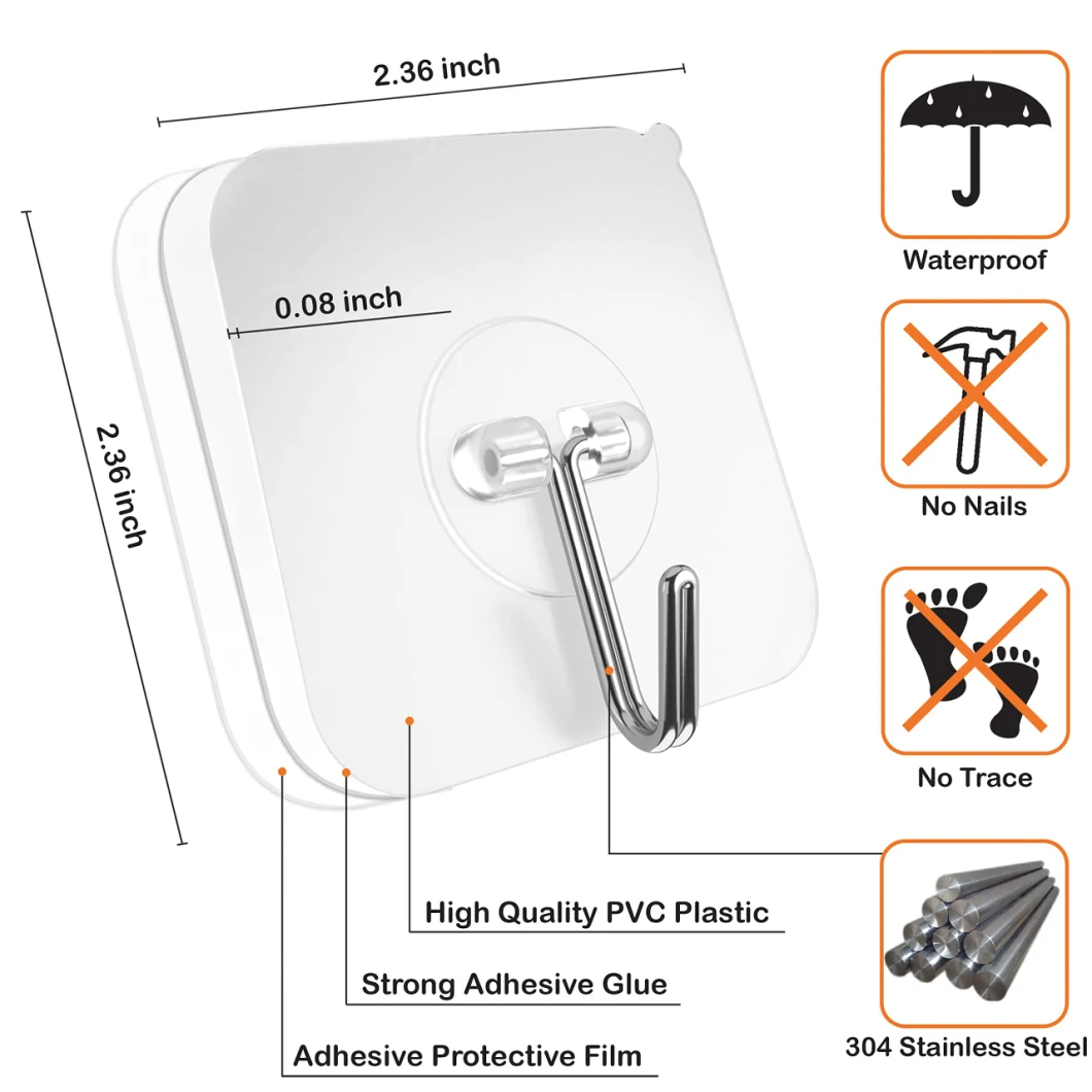 Wall Mounted Heavy Duty Plastic Adhesive Hooks for 12 PCS Self-Adhesive Silicone Thumb 2" Mount L-Shape Hook