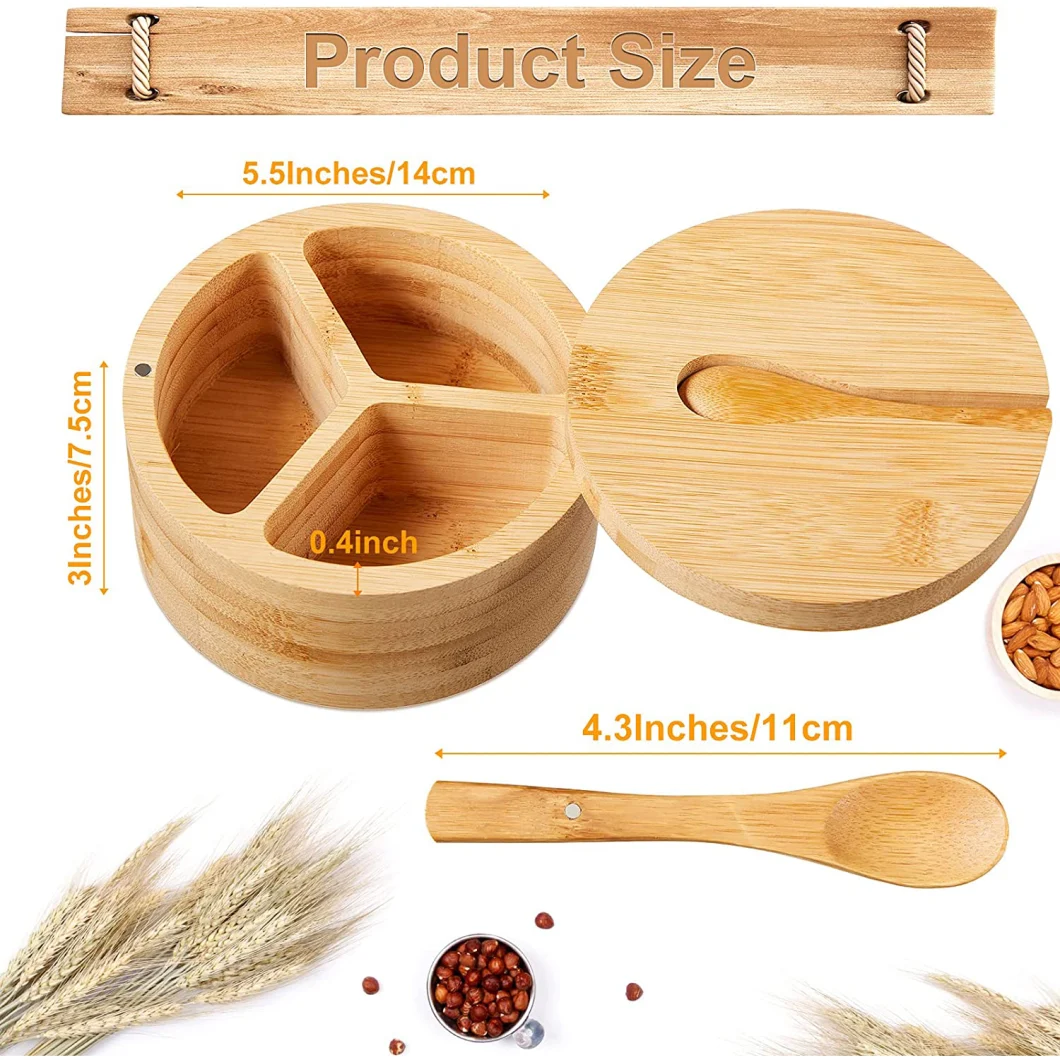 Bamboo Salt Box with Spoon, Spice and Seasonings Storage Container with Swivel Magnetic Lid Condiment Salt Jar Cellar Salt Keeper